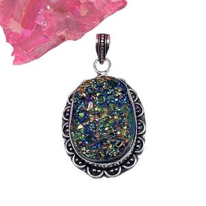 Titanium Druzy Necklace Pendant 925 Sterling Silver Overlay Stone Iridescent